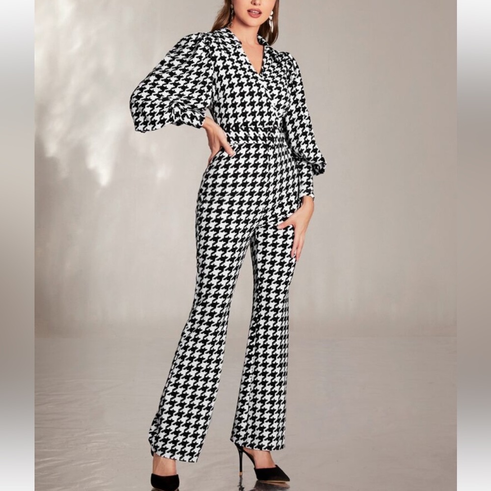 Classic Houndstooth Puffed Cuffed Long Sleeve Collar Belted Jumpsuit Flare Pants - Picture 2 of 6